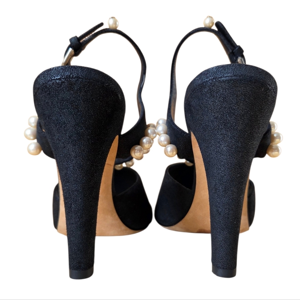 Chanel CC Logo Pearl Embellished Black Suede Slingback Heels EU 40 G29835 - Picture 7 of 13